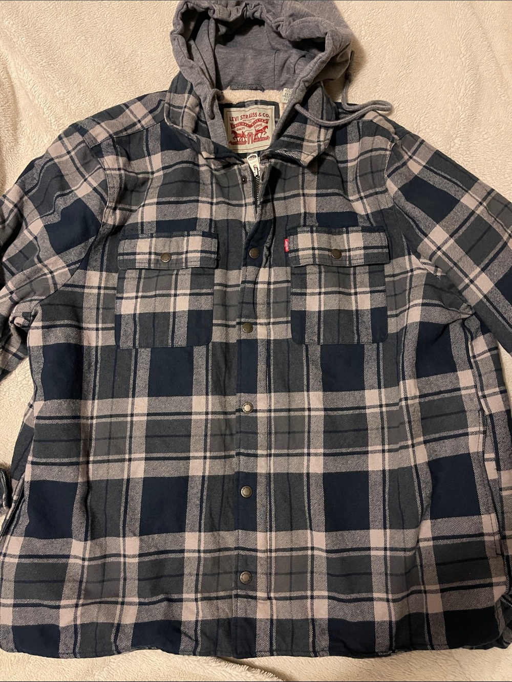 Levi's Navy Gray Plaid Hooded Flannel Shirt Jacket Men’s 2XL